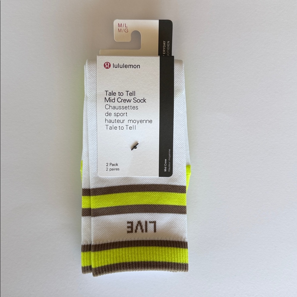 lululemon athletica 2 pack Tale to Tell Mid Crew Socks - White/Neon/Brown M/L